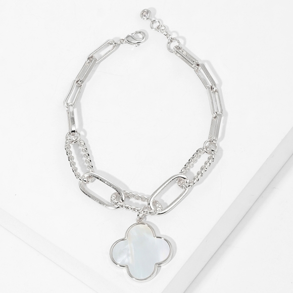 White Gold Silver Quatrefoil Pendant Charm Bracelet Clover Link Chain Jewelry - Picture 1 of 2